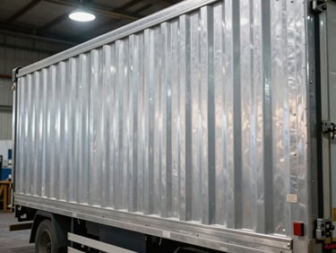 Corrugated aluminum cargo box truck, clean metallic side panels reflecting low-key industrial workshop lights.