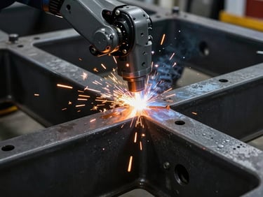 Extreme close-up of a flawless robotic weld seam on a heavy-duty steel trailer chassis, matte black paint, bright orange industrial sparks reflecting off the clean metallic edge.