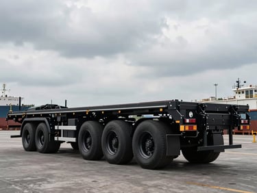 Multi-axle flatbed trailer chassis, matte black industrial paint, shot at a Batam shipyard under overcast metallic sky.