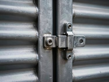 Extreme close-up of a heavy-duty stainless steel double-locking mechanism on a corrugated cargo box door, flawless weld seams visible, high-contrast low-key industrial lighting highlighting metallic edges.