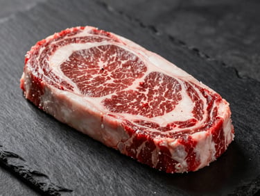 Macro close-up of a raw beef ribeye steak, intense marbling, vibrant red meat on a clean dark slate surface, dramatic warm directional lighting