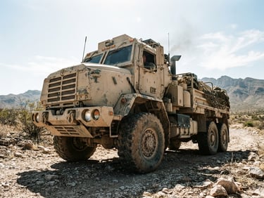 Low-angle gritty shot of a heavy-duty tactical transport truck idling in the harsh desert sun of El Paso, desaturated earth tones, 35mm film.