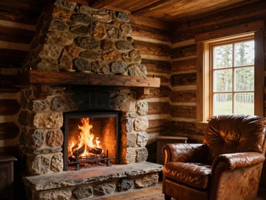 Interior of a historic log cabin showing a stone fireplace with a glowing fire, soft leather chair, warm atmosphere