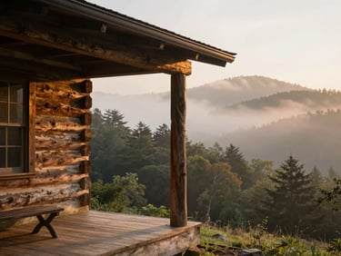 An authentic historic log cabin porch overlooking the misty Smoky Mountains forest at sunrise, warm light