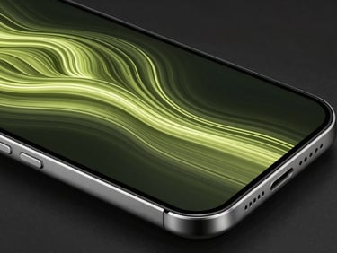 Extreme close-up of a flagship Android screen displaying a fluid, glowing vector curve with electric-lime light refracting off the curved glass edges, dark studio setting.