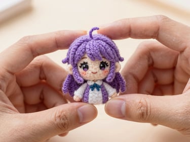 Macro shot of hands holding a tiny, highly detailed needle-felted anime character, soft natural daylight, warm editorial photography, showing wool fibers