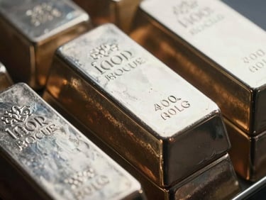 Close-up of stacked silver bullion bars, sharp metallic silver reflections under dramatic cool studio lighting.