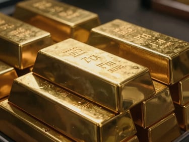 Close-up of poured gold bars stacked neatly, low-key dramatic lighting reflecting off the polished metallic gold surfaces.