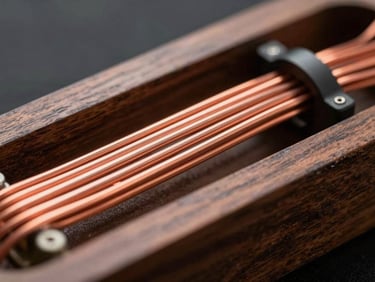 Macro close-up of speaker calibration wiring, clean copper lines running through a walnut frame, warm accent lighting