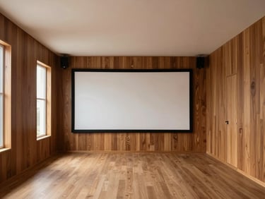 Symmetrical wide shot of a minimalist home theater with walnut acoustic panels integrated into the walls, warm natural light from a side window, clean lines, no clutter.