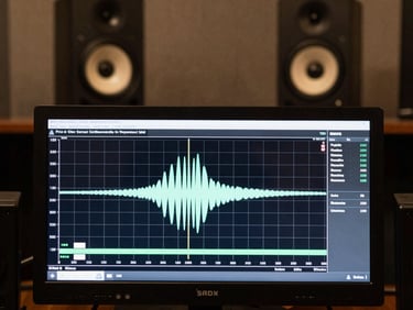 Close-up of a spectrum analyzer screen showing a flat frequency response curve, warm studio monitors blurred in the background