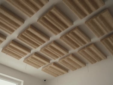 Architectural shot of custom acoustic baffles being suspended from a high ceiling, minimal Scandinavian design, soft daylight