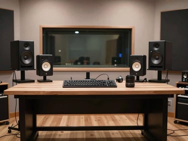 A clean modern recording studio setup with professional monitors calibrated on isolation stands, minimal Scandinavian furniture.