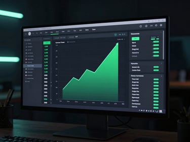 A sleek dark UI dashboard displaying upward trending green charts and conversion metrics on a high-end monitor, moody studio environment