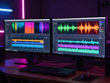 A fast-paced grid of video editing timelines with vibrant audio waveforms on dual monitors, neon ambient backlighting