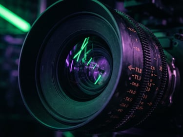 Extreme close-up of a high-end cinema camera lens reflecting vibrant electric green and deep violet neon studio lights, moody atmosphere, sharp focus, 35mm lens