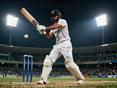 Low-angle heroic shot of a cricket batsman mid-swing, leather ball visible mid-air, high-contrast dramatic lighting, sharp shadows.