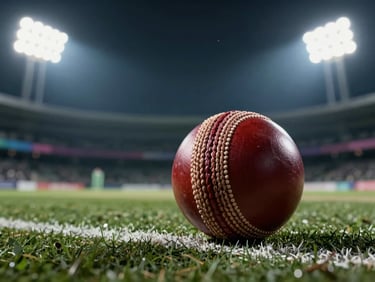 Close-up of a high-contrast leather cricket ball seam resting on a dark court line under dramatic stadium floodlights, sharp action freeze, 85mm lens