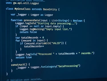 Macro shot of a clean code editor displaying Gosu code on a high-contrast monitor, cool blue screen glow, sharp focus on syntax, technical blueprint aesthetic