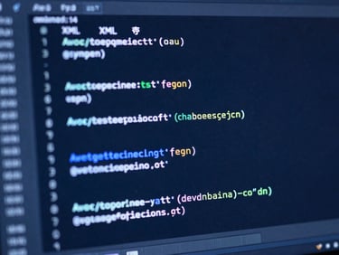 Macro shot of a clean code editor displaying complex XML and Gosu scripts, cool blue screen-glow illuminating key lines, sharp focus, 50mm.