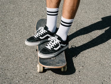 Skater feet wearing white high-socks with black stripes and canvas skate shoes, resting on a skateboard grip tape, gritty asphalt ground