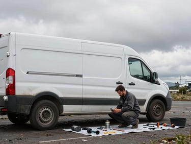 Wide shot of a mechanic crouched beneath a commercial van in an open outdoor work site, tools laid out on a tarp beside the vehicle, overcast southern Chile sky, no studio lighting