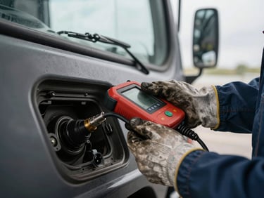 Close-up of a mechanic's hands using a diagnostic tool connected to a vehicle's OBD port inside a truck cab, overcast natural light through the windshield, grease-worn work gloves, cables visible