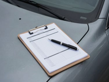 Overhead shot of a clipboard with damage assessment forms and a pen resting on it, placed on the hood of a dented vehicle, overcast daylight, no people visible, documentation in focus
