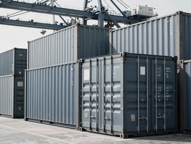 Crisp desaturated photograph of structured cargo containers and modern shipping terminal infrastructure, cool daylight, sharp focus