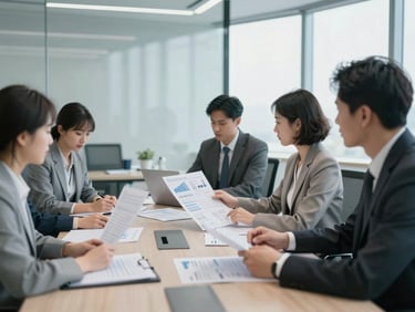 Cool-toned daylight photograph of focused professionals analyzing structured data visualizations in a modern corporate boardroom, architectural depth of field