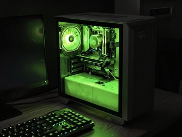 High-contrast gaming setup in a dark room, glowing neon green PC chassis, mechanical keyboard illuminated, dramatic shadows