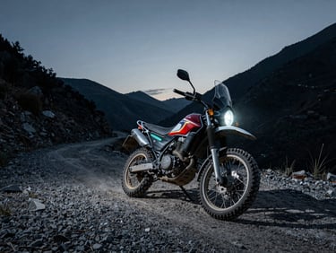 Gritty cinematic snapshot of a dusty motorcycle parked on a gravel mountain pass at dusk, dramatic low-light