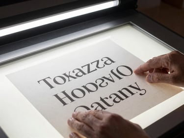 Tight detail of a typographer's hand holding a printed proof sheet against a light table, typeface specimens visible in sharp focus, studio strobe from above, no faces