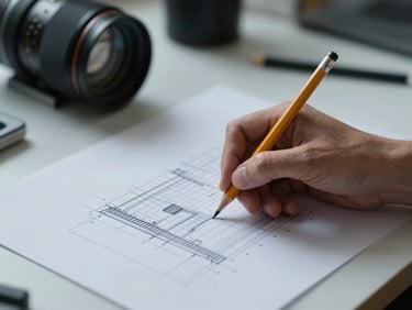 Close-up of a designer's hand annotating a printed wireframe on a light desk under cool studio light, a pencil mid-stroke, no faces, shallow depth of field