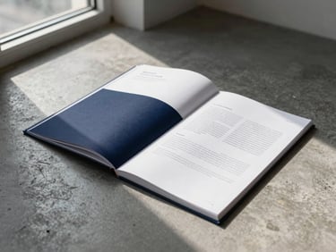 Wide shot of printed brand guidelines open on a concrete floor in a sparse studio, natural light raking from a high window on the left, deep navy cover visible, no people