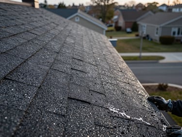 Close-up of a freshly cleaned asphalt shingle roofline, dark granules fully visible, no moss or lichen remaining, water beading cleanly on the surface, worker's gloved hand visible at the lower edge confirming the work, natural afternoon daylight, suburban rooftops softly visible behind