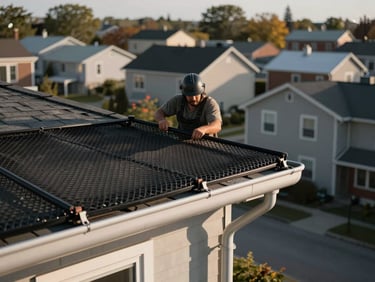 Worker installing a black mesh gutter guard over a white aluminum gutter on a residential roofline, afternoon Quebec daylight, neighborhood rooftops visible in background