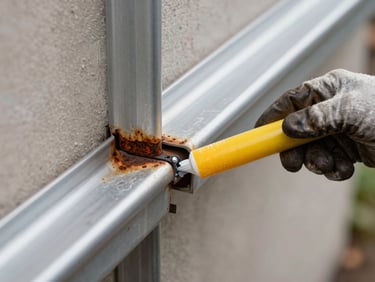 Extreme close-up of a gutter joint being resealed with caulk, worker's gloved hand steadying the gutter, natural daylight on aluminum surface showing previous rust stain