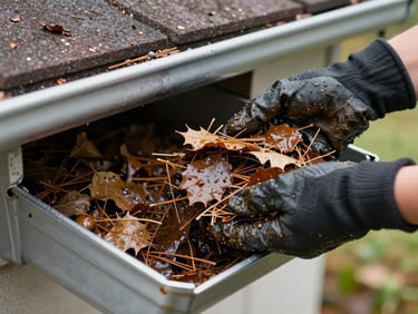 Close-up of gloved hands scooping compacted wet leaves and pine needles out of a residential aluminum gutter, natural daylight, debris visible mid-extraction