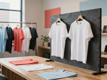 A bright modern apparel studio in a North American / US loft location. Soft daylight illuminates a wooden workbench with t-shirt samples hung on dark slate racks nearby. Coral red and light sky blue subtle decorative accents in the background interior. Clean studio photography, crisp contrast, depth of field.