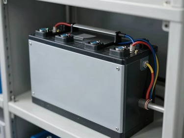 Close-up of a neat, professional battery storage enclosure and wiring runs inside a clean utility room, precise industrial conduits.
