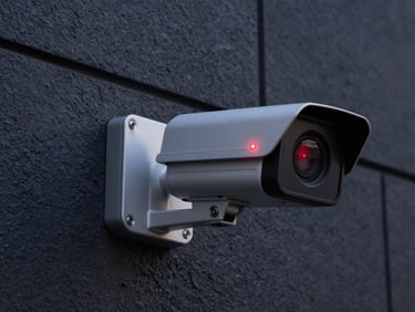 Rugged, weather-proof CCTV camera mounted on clean dark masonry, dusk lighting with a crisp red infrared indicator glowing.