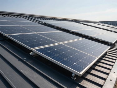 Wide-angle architectural shot of a tier-one solar array integrated into a modern dark metal roof, sharp midday sun casting clean geometric shadows.
