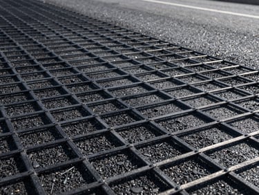 Low-angle shot of black fiberglass geogrid laid over fresh dark asphalt during highway construction under direct sunlight.