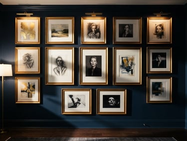 Straight-on architectural shot of a completed gallery wall in a luxury home, dramatic side lighting casting long shadows, deep navy walls, gold-framed art pieces perfectly aligned.