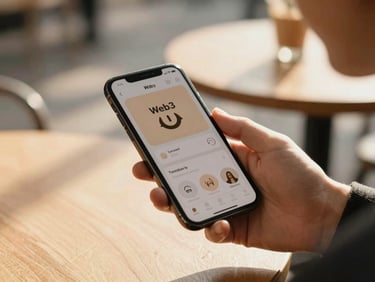 Candid close-up of a hand holding a mobile phone displaying a warm, minimalist Web3 loyalty app interface in a sun-drenched outdoor cafe, soft shadows