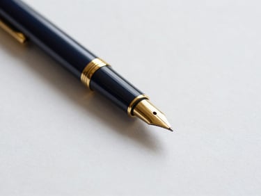 Close-up of high-end stationery with a pen, reflecting strategic planning, soft natural daylight, deep navy and gold accents, clean minimalist composition, 50mm lens