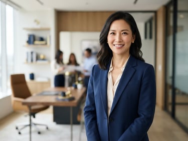 Professional portrait of Lisa Choi in a modern, well-lit office, looking confident and approachable, deep navy and gold accents, clean minimalist composition, 50mm lens