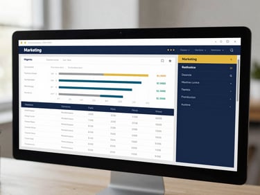Clean digital marketing dashboard on a monitor, showing analytics and campaign performance, soft natural daylight, deep navy and gold accents, clean minimalist composition