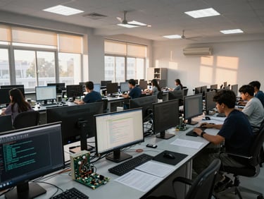 Wide-angle view of an engineering college computer lab, rows of workstations bathed in warm afternoon window light, circuit boards and printed code sheets visible on desks, a few students working independently